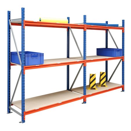 Regalwerk EMMA Weitspannregal, Holzeinlage Grundfeld, H x B x T 2000 x 2250 x 600 mm, Rahmen RAL 5010