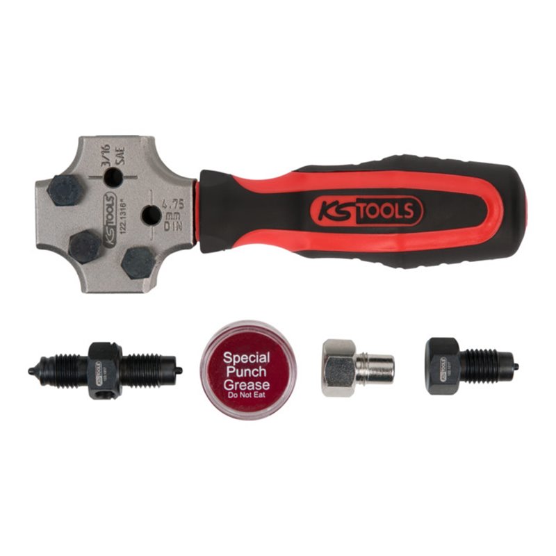 KS Tools FLAREFIXeco 4,75 mm / 3/16'SAE Universal-Bremsleitungs-Bördelgerät-Satz für DIN und SAE, 5-tlg.