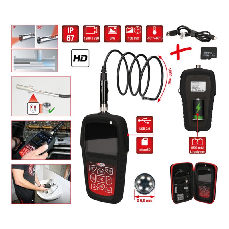 KS Tools HD-Videoskop-Satz mit Durchmesser 6,0 mm 0° und 90° HD Frontkamera-Sonde, umschaltbar, 5-tlg.
