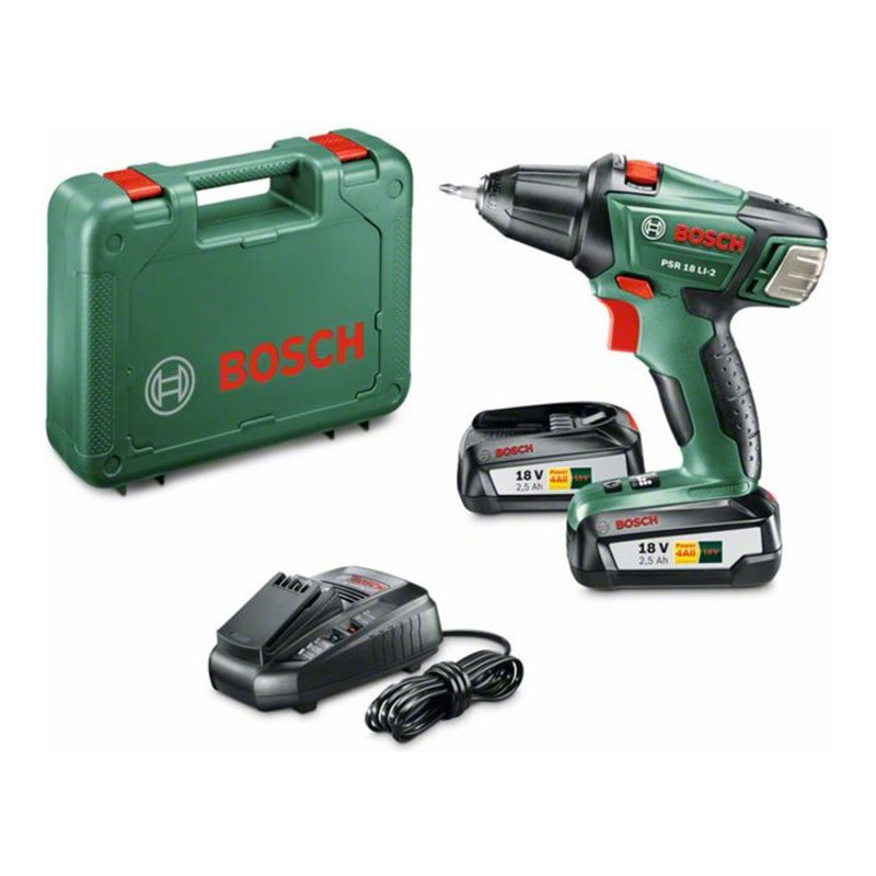 Bosch Akku-Zweigang-Bohrschrauber PSR 18 LI-2, 2 x PBA 18V 2.5 Ah Akku, AL 1830 CV
