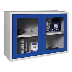 Hängeschrank H600xB800xT300mm Sichtfenster,1 BD Stahlbl.lichtgrau/enzianblau