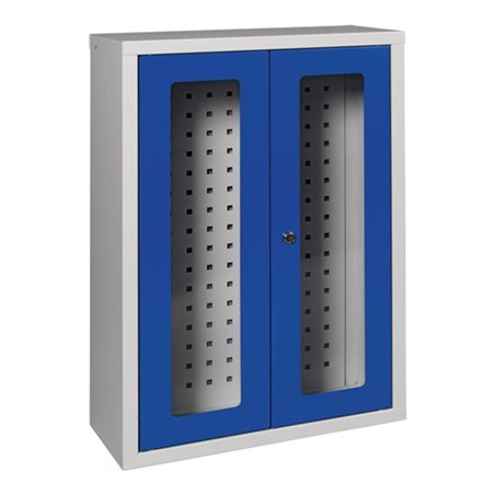 Hängeschrank H750xB500xT200mm Sichtfenster Stahlbl.lichtgrau/enzianblau