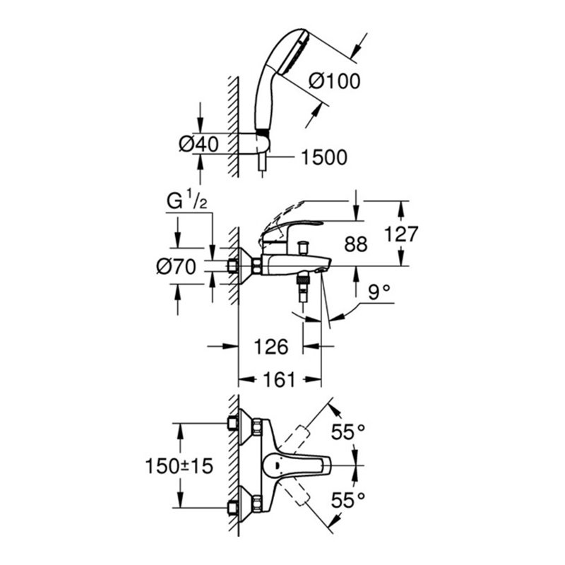 Grohe Einhand-Wannenbatterie EUROSMART DN 15, Wandmontage chrom