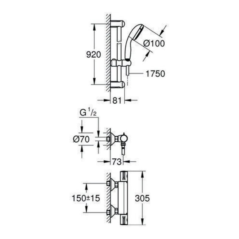 Grohe Thermostat-Brausebatterie GROHTHERM 800 DN 15, mit Brausegarnitur chrom