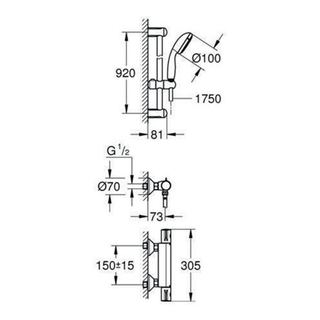 Grohe Thermostat-Brausebatterie GROHTHERM 800 DN 15, mit Brausegarnitur chrom