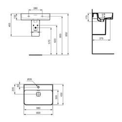 Ideal Standard Waschtisch STRADA II 1 Hahnloch, Unterseite geschliffen 600 x 430 x 170 mm weiß