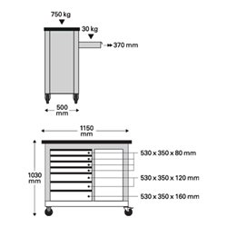 Rollwerkbank WB620 Außen-B1150xT500xH1030mm Schubl.7 750kg STAHLWILLE