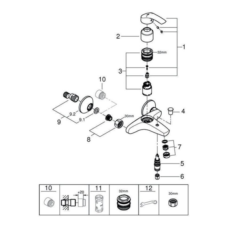 Grohe Einhand-Wannenbatterie EUROSMART DN 15, Wandmontage chrom