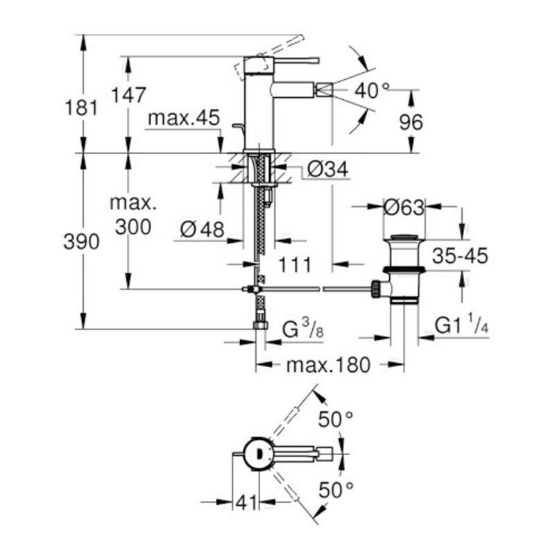 Grohe Einhand-Bidetbatterie ESSENCE DN 15, Zugstangen-Ablaufgarnitur 1 1/4' chrom