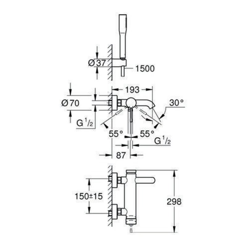 Grohe Einhand-Wannenbatterie ESSENCE DN 15, mit Brausegarnitur chrom