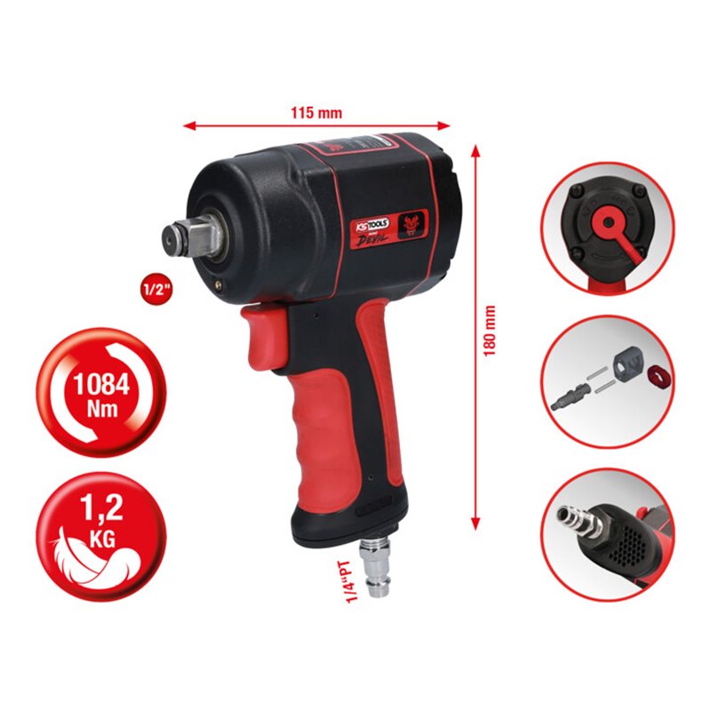 KS Tools THE miniDEVIL Hochleistungs-Druckluft-Schlagschrauber 1/2 Zoll, 1084Nm