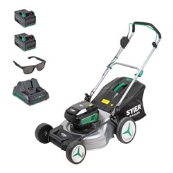STIER Akku-Rasenmäher SRM-430 + 2 x 2,5-Ah-Akku + Schnellladegerät + gratis STIER Sonnenbrille