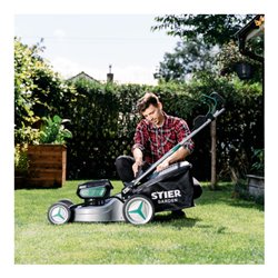 STIER Akku-Rasenmäher SRM-430 + 2 x 2,5-Ah-Akku + Schnellladegerät + gratis STIER Sonnenbrille