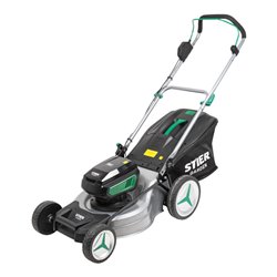 STIER Akku-Rasenmäher SRM-430 + 2 x 2,5-Ah-Akku + Schnellladegerät + gratis STIER Sonnenbrille