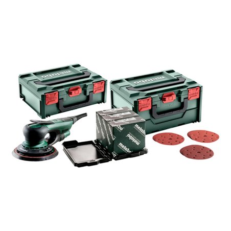 Metabo Exzenterschleifer SXE 150-5.0 BL Set mit metaBOX Schleifmittel-Set 'multi-hole', 150 mm, für Holz und Metall metaBOX 215