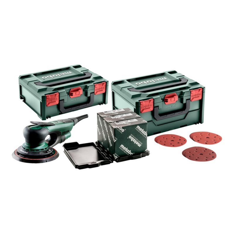 Metabo Exzenterschleifer SXE 150-2.5 BL Set mit metaBOX Schleifmittel-Set 'multi-hole', 150 mm, für Holz und Metall metaBOX 215