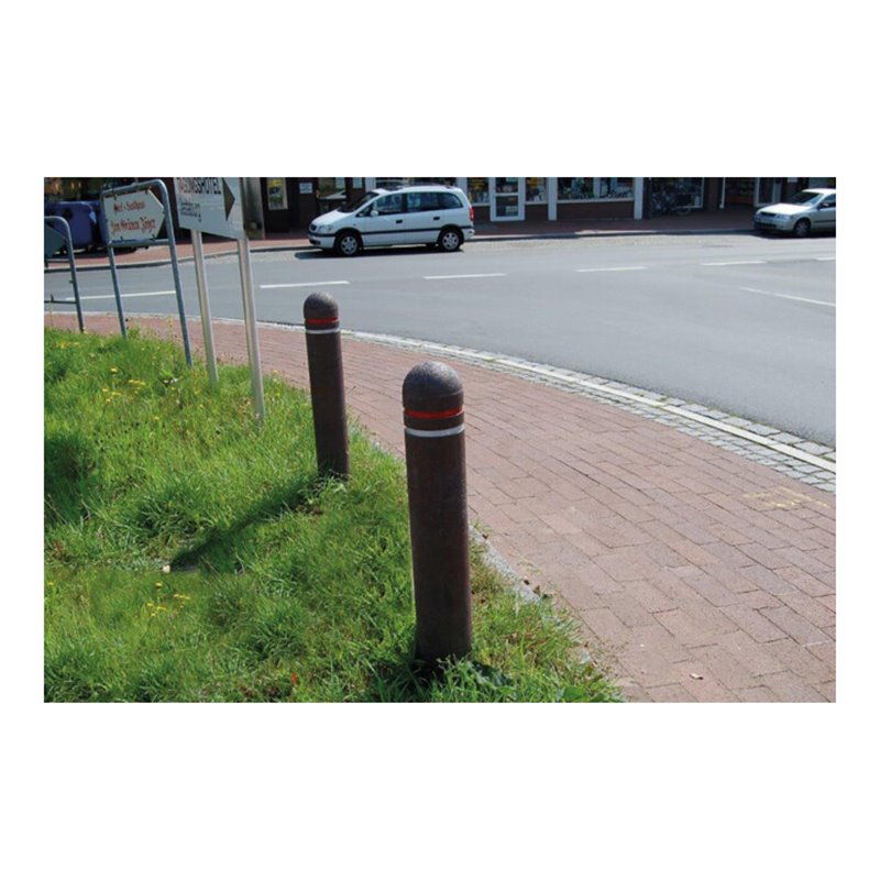 Schake Recyclingpfosten Halbkugelkopf Ø150mm, Gesamtlänge: 1500mm + zwei runden weißen Reflektoren, gegenüber einen rechteckigen