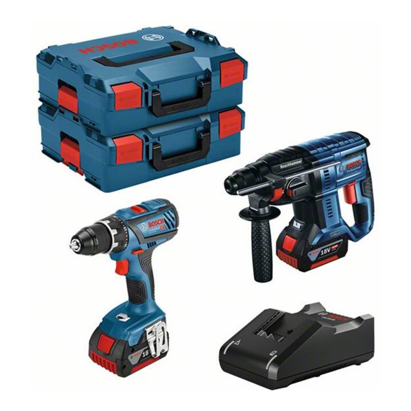 Bosch 18V-Set: Akku-Bohrschrauber GSR 18V-28 + Akku-Bohrhammer GBH 18V-21 + 2 x GBA 4.0Ah + GAL 18V-40 + L-BOXX