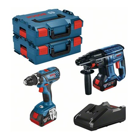 Bosch 18V-Set: Akku-Bohrschrauber GSR 18V-28 + Akku-Bohrhammer GBH 18V-21 + 2 x GBA 4.0Ah + GAL 18V-40 + L-BOXX