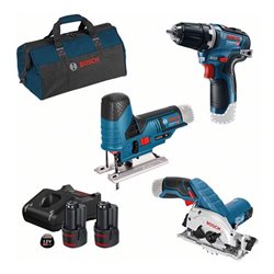 Bosch 3er-Werkzeug-Set 12V: Akku-Bohrschrauber GSR 12V-35 + Akku-Kreissäge GKS 12V-26 + Akku-Stichsäge GST 12V-70 + 2 x GBA 3.0A