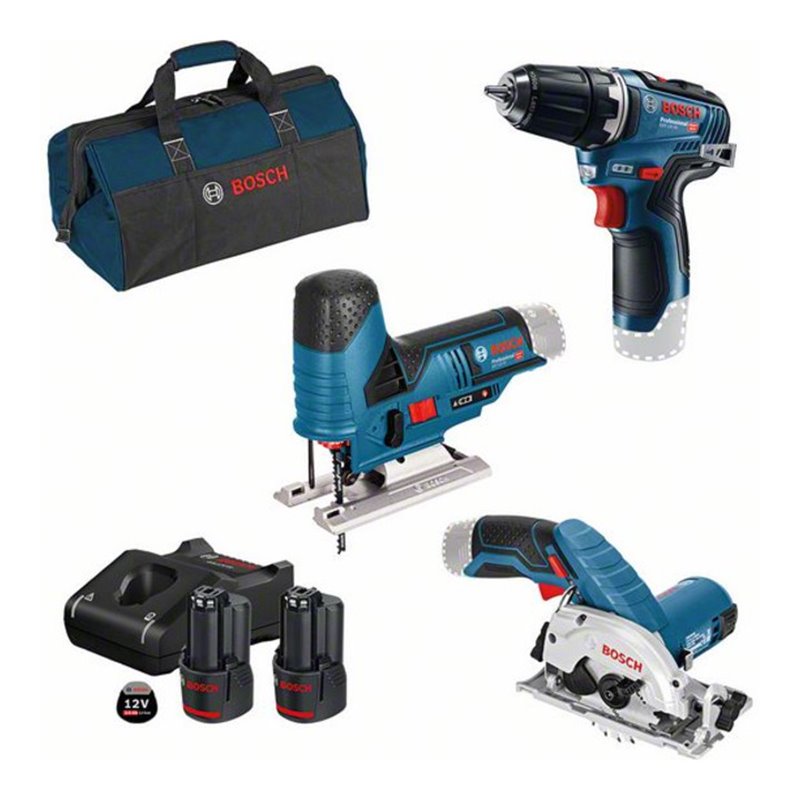 Bosch 3er-Werkzeug-Set 12V: Akku-Bohrschrauber GSR 12V-35 + Akku-Kreissäge GKS 12V-26 + Akku-Stichsäge GST 12V-70 + 2 x GBA 3.0A