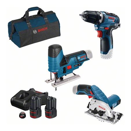 Bosch 3er-Werkzeug-Set 12V: Akku-Bohrschrauber GSR 12V-35 + Akku-Kreissäge GKS 12V-26 + Akku-Stichsäge GST 12V-70 + 2 x GBA 3.0A