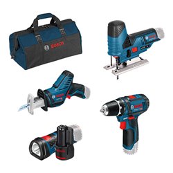 Bosch 4er-Werkzeug-Set 12V: Akku-Bohrschrauber GSR 12V-15 + Akku-Säbelsäge GSA 12V-14 + Akku-Stichsäge GST 12V-70 + Akku-Lampe G