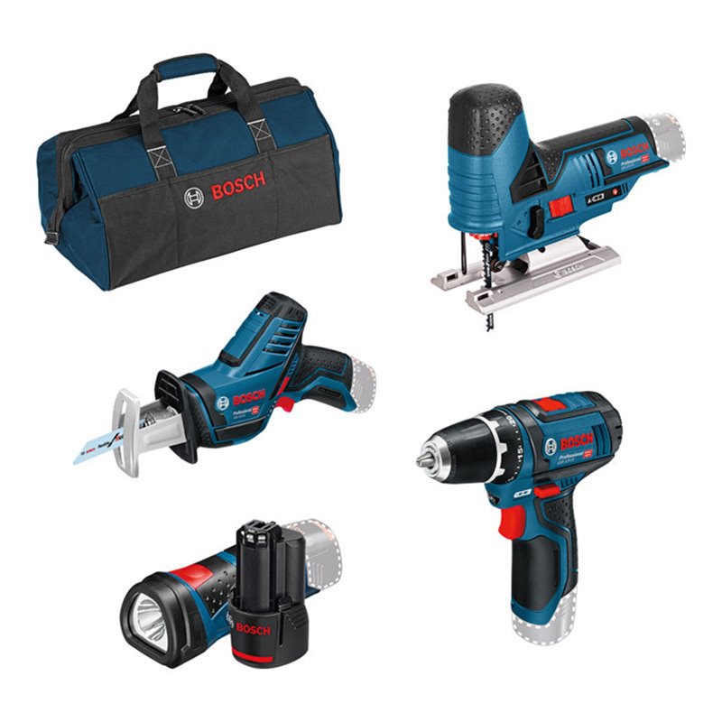 Bosch 4er-Werkzeug-Set 12V: Akku-Bohrschrauber GSR 12V-15 + Akku-Säbelsäge GSA 12V-14 + Akku-Stichsäge GST 12V-70 + Akku-Lampe G