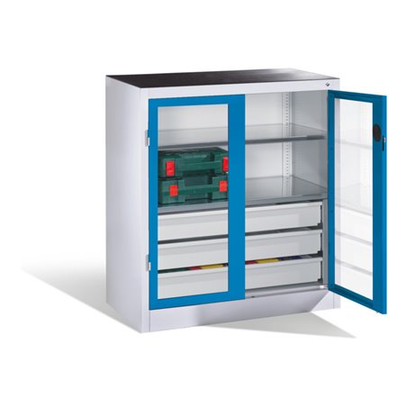 C+P Werkzeugschrank, Sichtfenster-Drehtüren, 2 Böden, 3 Schübe, H1000xB930xT500mm Front Lichtblau Korpus Lichtgrau