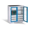 C+P Werkzeugschrank, Sichtfenster-Drehtüren, 2 Böden, 3 Schübe, H1000xB930xT500mm Front Lichtblau Korpus Lichtgrau