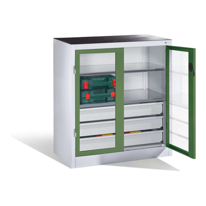 C+P Werkzeugschrank, Sichtfenster-Drehtüren, 2 Böden, 3 Schübe, H1000xB930xT500mm Front Resedagrün Korpus Lichtgrau