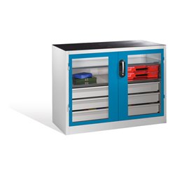 C+P Werkzeugschrank, Sichtfenster-Drehtüren, 2 Böden, 3 Schübe, H1000xB1200xT500mm Front Lichtblau Korpus Lichtgrau