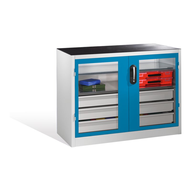 C+P Werkzeugschrank, Sichtfenster-Drehtüren, 2 Böden, 3 Schübe, H1000xB1200xT500mm Front Lichtblau Korpus Lichtgrau