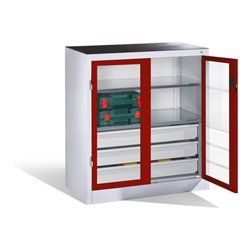 C+P Werkzeugschrank, Sichtfenster-Drehtüren, 2 Böden, 3 Schübe, H1000xB930xT500mm Front Rubinrot Korpus Lichtgrau
