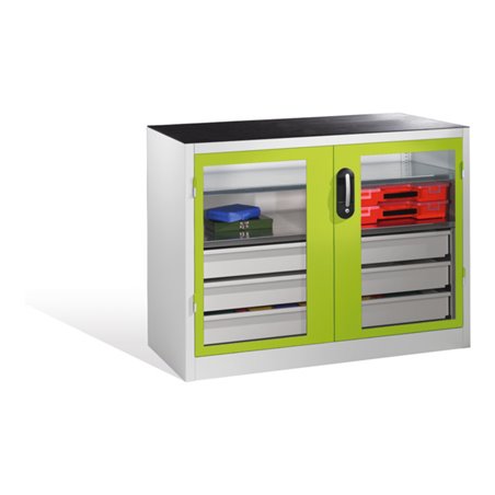 C+P Werkzeugschrank, Sichtfenster-Drehtüren, 2 Böden, 3 Schübe, H1000xB1200xT500mm Front Viridingrün Korpus Lichtgrau