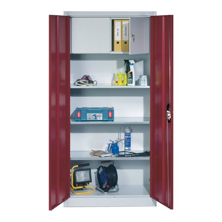 C+P Werkzeugschrank mit Drehtüren, innen 3 Böden und Wertfach, H1950xB930xT400mm Front Rubinrot Korpus Lichtgrau