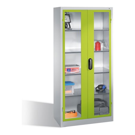 C+P Werkzeugschrank mit Sichtfenster-Drehtüren, innen 4 Böden, H1950xB930xT500mm Front Viridingrün Korpus Lichtgrau