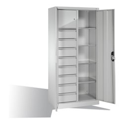 C+P Werkzeugschrank mit Drehtüren, 4 Böden, 8 Schübe, Wertfach, H1950xB930xT500mm Front Lichtgrau Korpus Lichtgrau