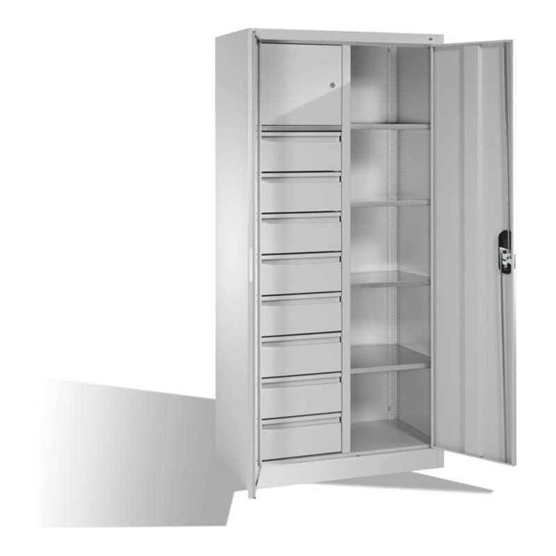 C+P Werkzeugschrank mit Drehtüren, 4 Böden, 8 Schübe, Wertfach, H1950xB930xT500mm Front Lichtgrau Korpus Lichtgrau