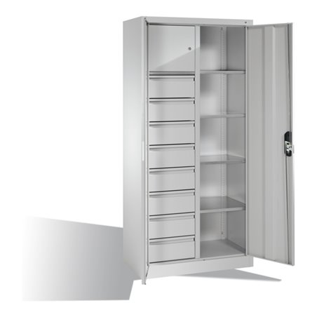 C+P Werkzeugschrank mit Drehtüren, 4 Böden, 8 Schübe, Wertfach, H1950xB930xT500mm Front Lichtgrau Korpus Lichtgrau