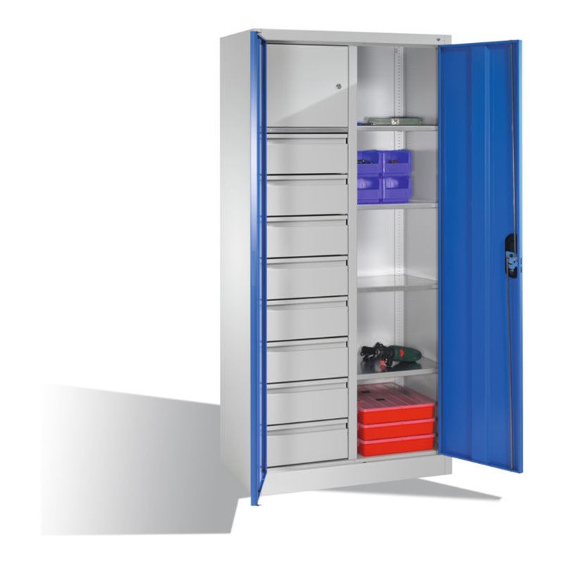 C+P Werkzeugschrank mit Drehtüren, 4 Böden, 8 Schübe, Wertfach, H1950xB930xT500mm Front Lichtblau Korpus Lichtgrau