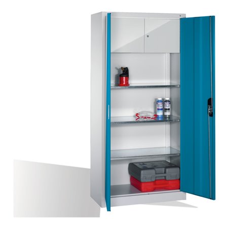 C+P Werkzeugschrank mit Drehtüren, innen 3 Böden und Wertfach, H1950xB930xT500mm Front Lichtblau Korpus Lichtgrau