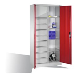 C+P Werkzeugschrank mit Drehtüren, 4 Böden, 8 Schübe, Wertfach, H1950xB930xT500mm Front Rubinrot Korpus Lichtgrau