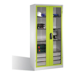C+P Werkzeugschrank, Sichtfenster-Drehtüren, 4 Böden, 3 Schübe, H1950xB930xT500mm Front Viridingrün Korpus Lichtgrau