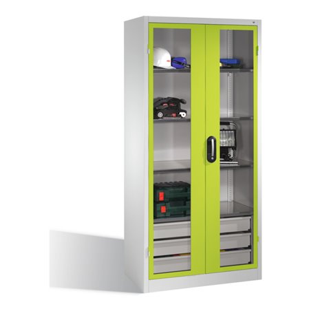 C+P Werkzeugschrank, Sichtfenster-Drehtüren, 4 Böden, 3 Schübe, H1950xB930xT500mm Front Viridingrün Korpus Lichtgrau