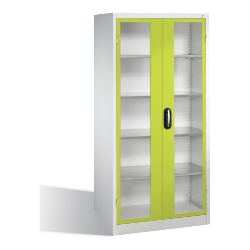 C+P Werkzeugschrank mit Sichtfenster-Drehtüren, innen 4 Böden, H1950xB930xT600mm Front Viridingrün Korpus Lichtgrau