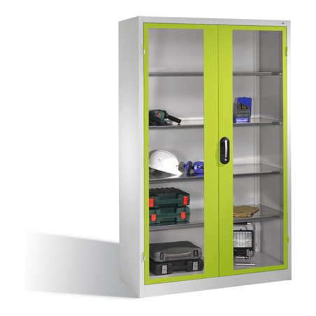 C+P Werkzeugschrank mit Sichtfenster-Drehtüren, innen 4 Böden, H1950xB1200xT500mm Front Viridingrün Korpus Lichtgrau