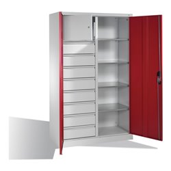 C+P Werkzeugschrank mit Drehtüren, 4 Böden, 8 Schübe, Wertfach, H1950xB1200xT500mm Front Rubinrot Korpus Lichtgrau