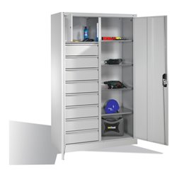 C+P Werkzeugschrank mit Drehtüren, 4 Böden, 8 Schübe, Wertfach, H1950xB1200xT500mm Front Lichtgrau Korpus Lichtgrau