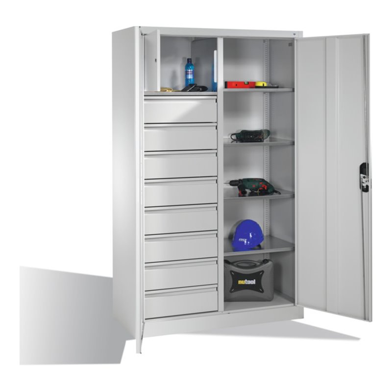 C+P Werkzeugschrank mit Drehtüren, 4 Böden, 8 Schübe, Wertfach, H1950xB1200xT500mm Front Lichtgrau Korpus Lichtgrau